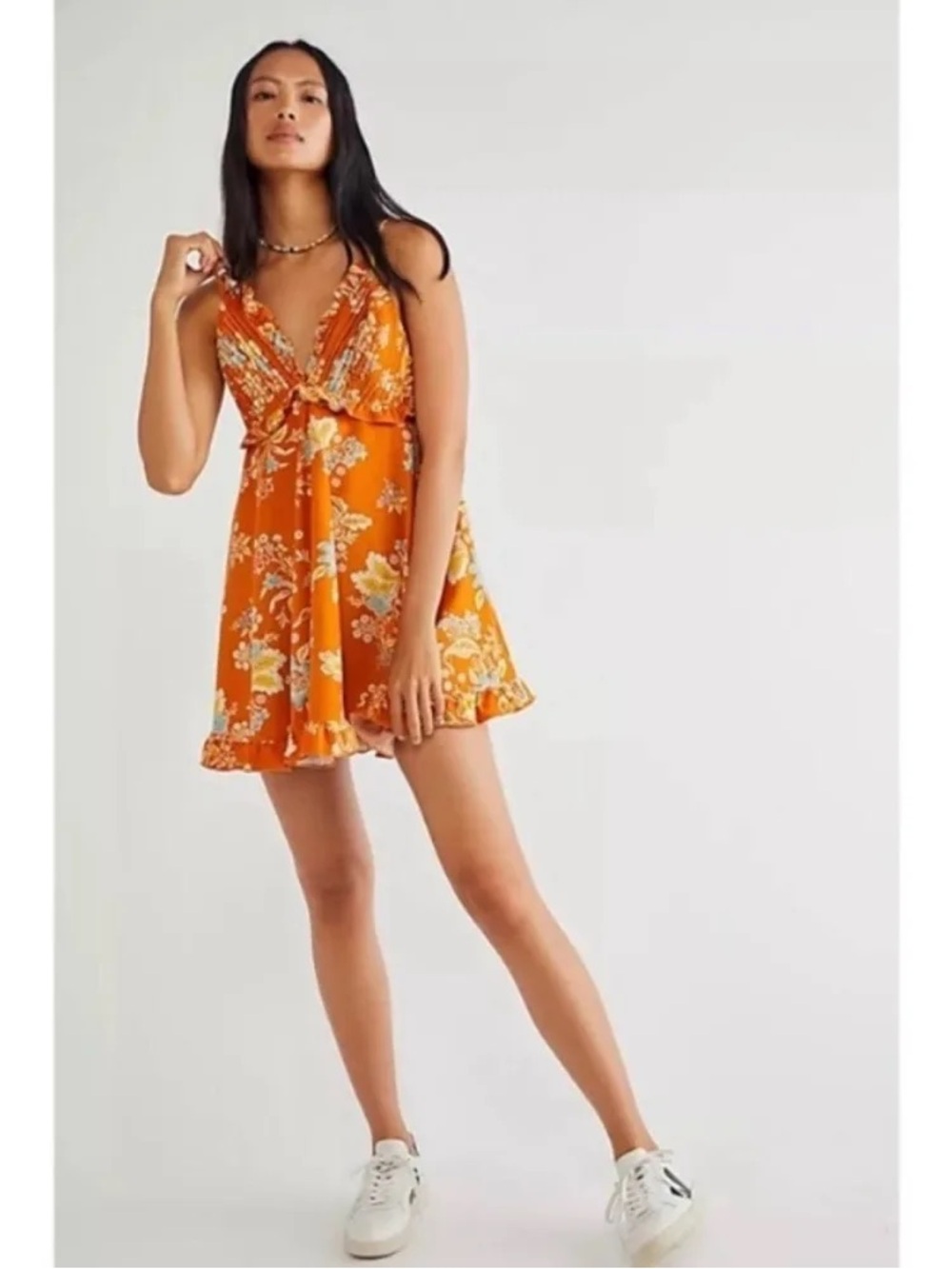Free People Orange Floral Corduroy Mini Dress Size L NWT